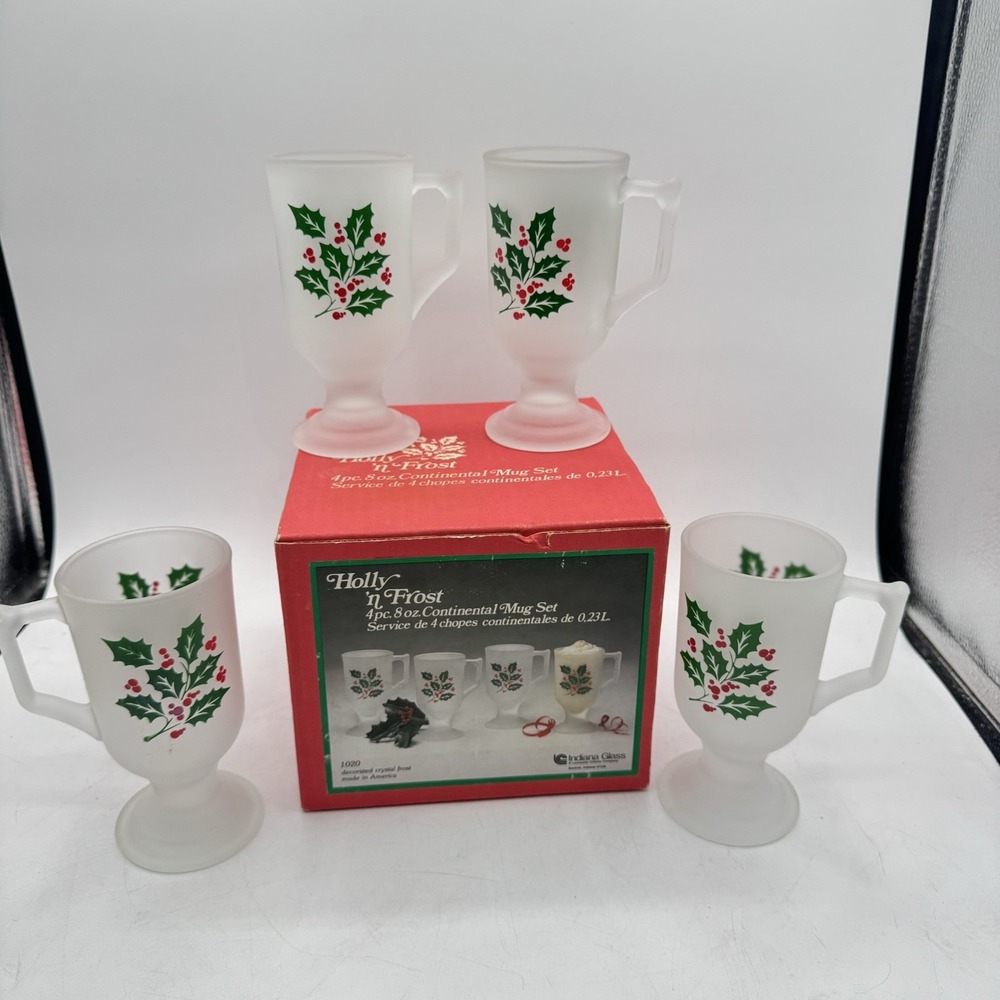 Vintage Indiana Glass Holly'n Frost Christmas Indiana Glass Mugs (8oz) (4pcs)